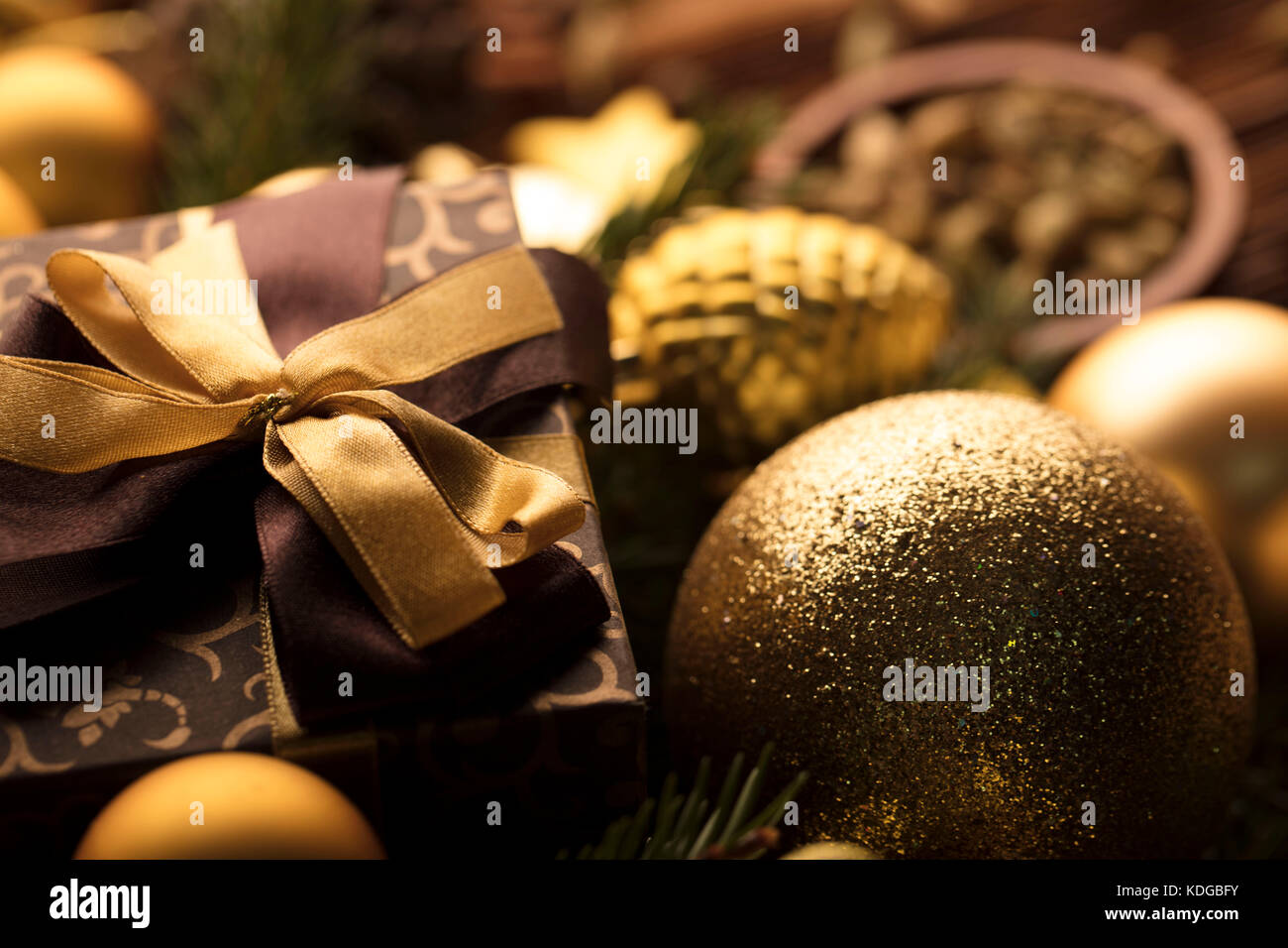 Christmas decoration in golden and brownish aesthetics with presents in ...