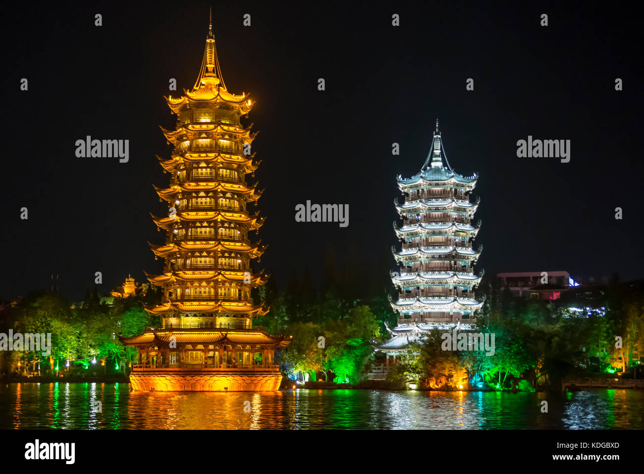 Sun and Moon Pagodas on Shan Lake, Guilin, Guangxi, China Stock Photo