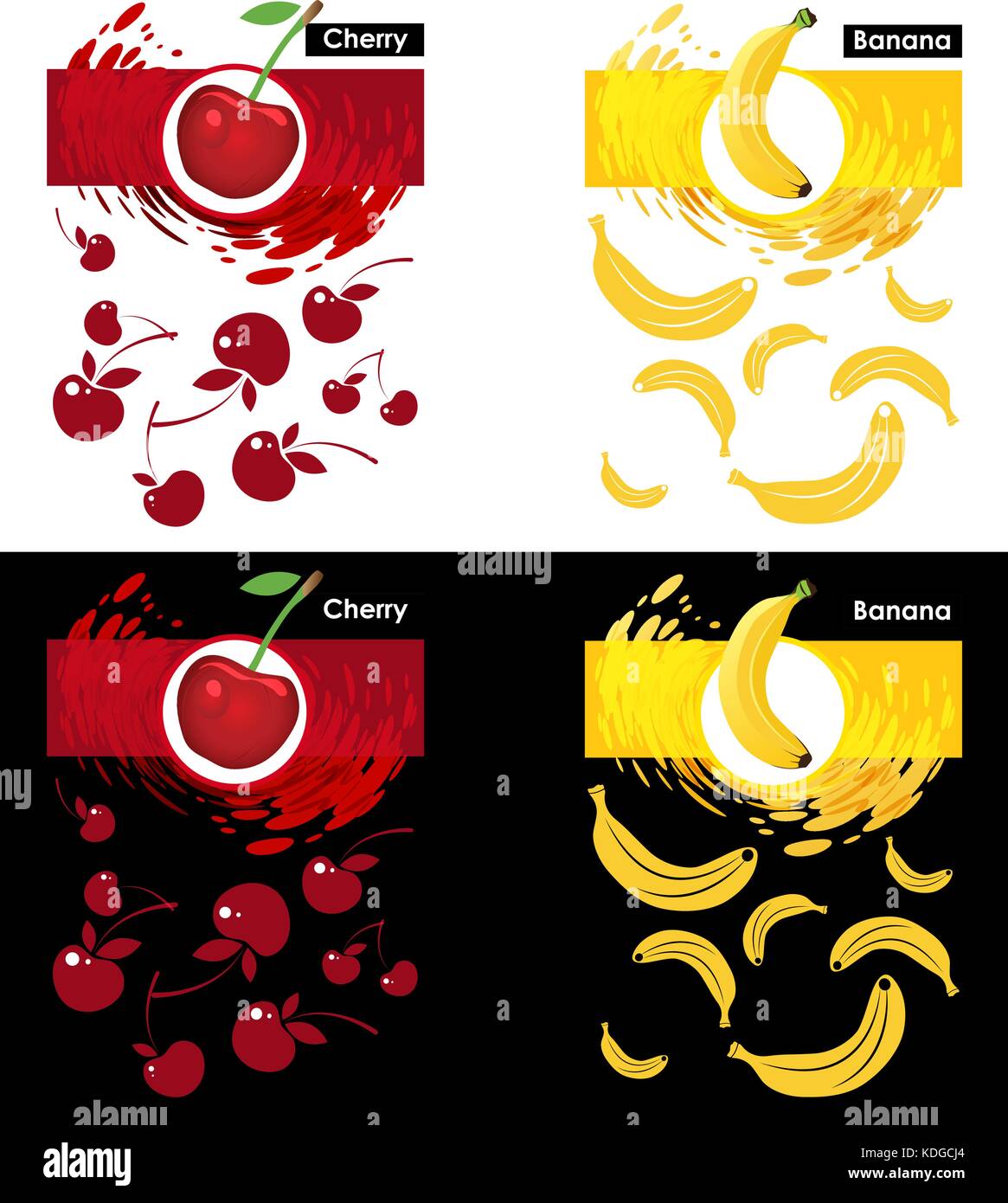 Set label icon of cherry and banana fruit on white and black, pattern cherry and banana, splash backdrop Stock Vector