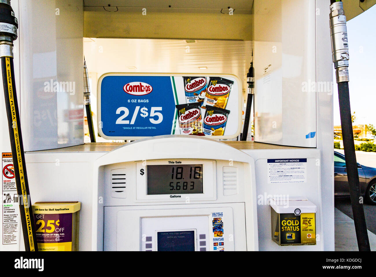 Shell oil company Gas Station automated gas pump along Interstate 5 in