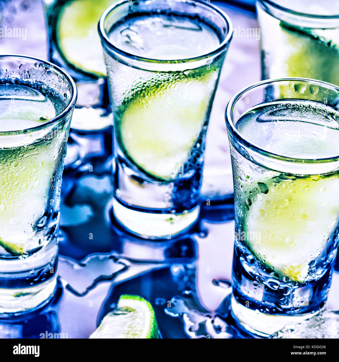 A party in the club. Cocktails on the bar. Alcohol. Vodka, gin, tequila