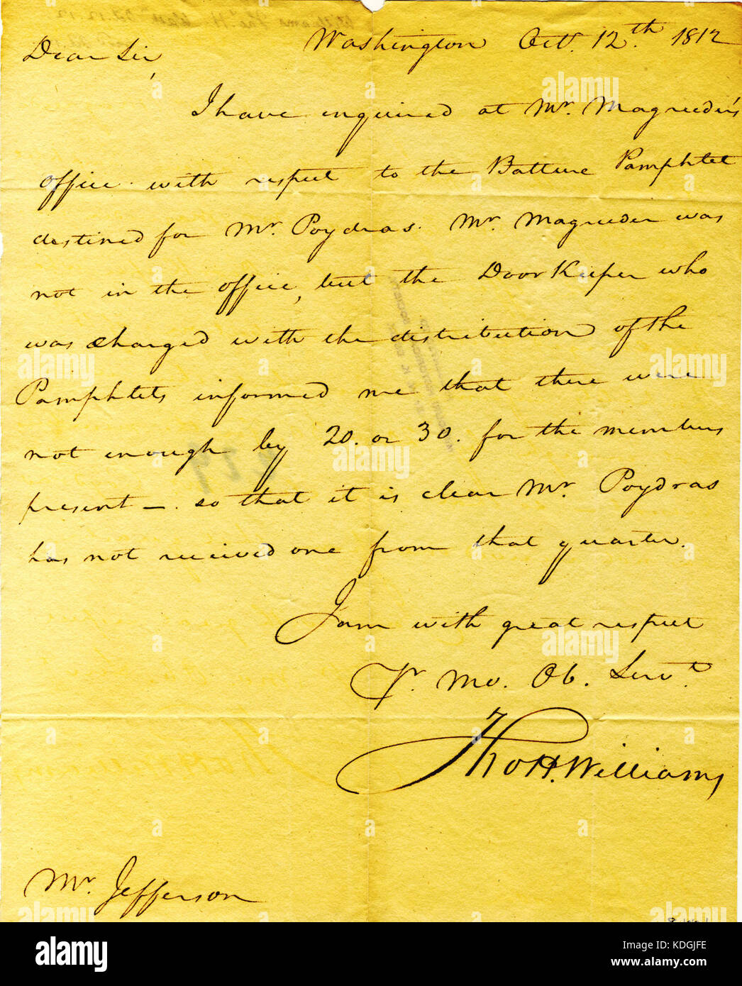 Letter from Thomas H. Williams, Washington, to Thomas Jefferson ...
