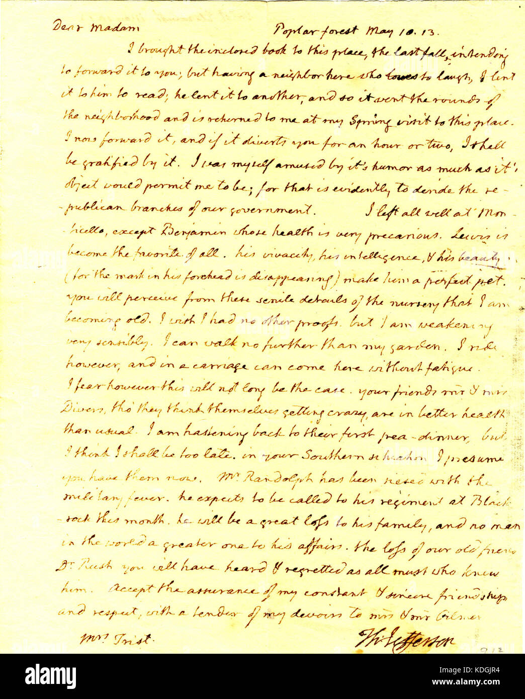 Letter from Thomas Jefferson, Poplar Forest, to Mrs. (Elizabeth) Trist, May 10, 1813 Stock Photo