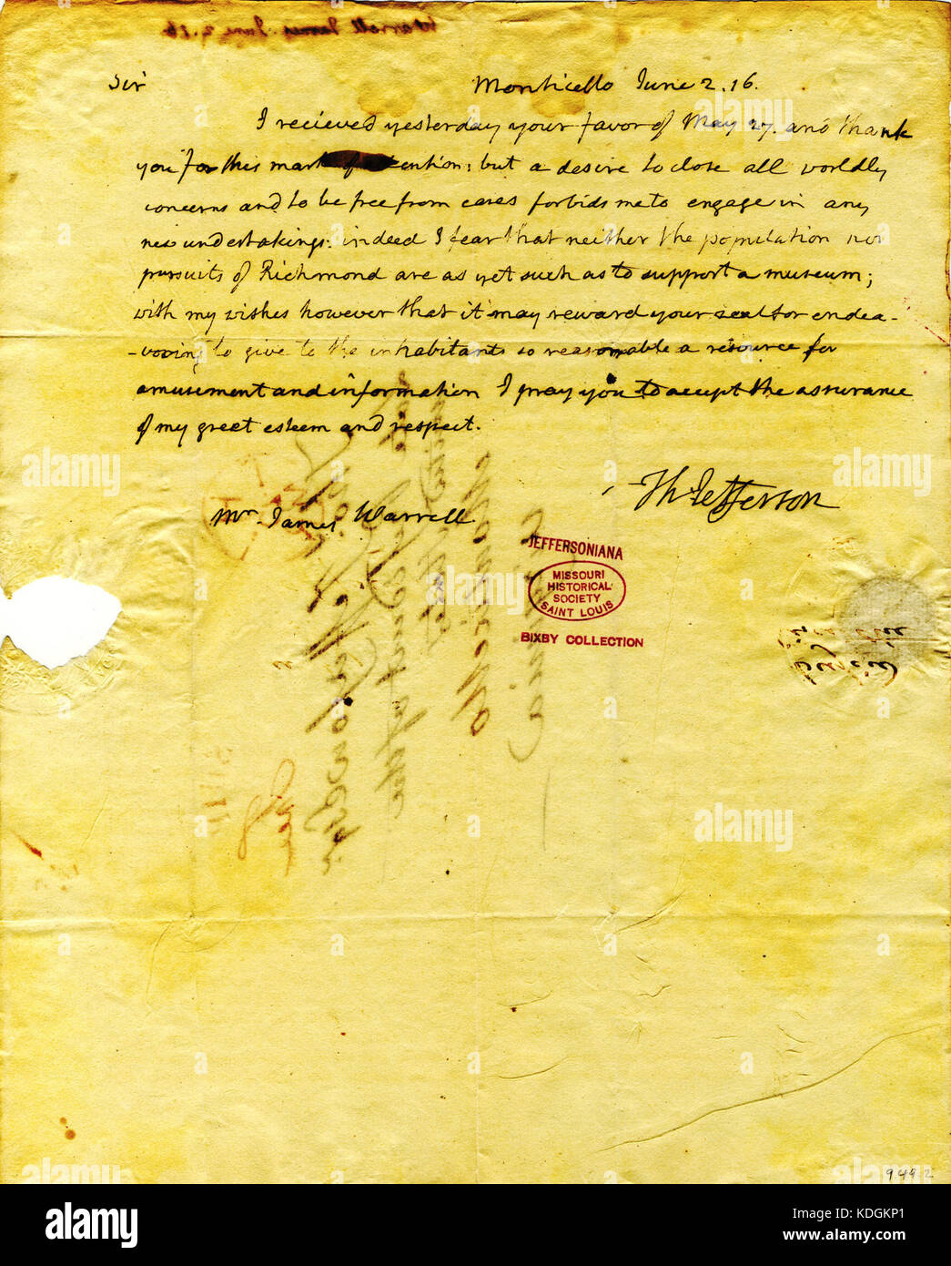 Letter signed Thomas Jefferson, Monticello, to James Warrell, June 2, 1816 Stock Photo