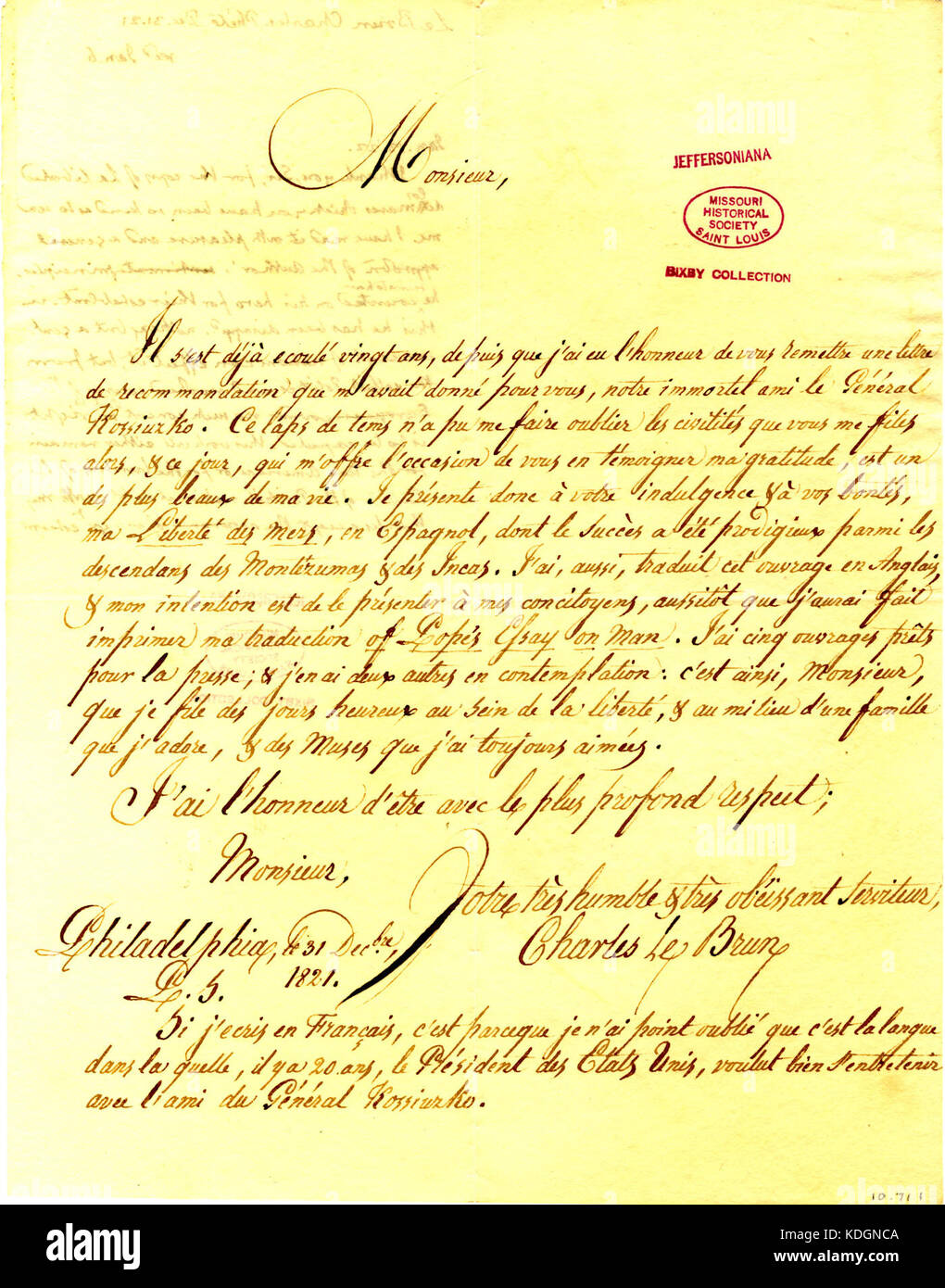 Letter signed Charles Le Brun, Philadelphia, to Thomas Jefferson, December 31, 1821 Stock Photo