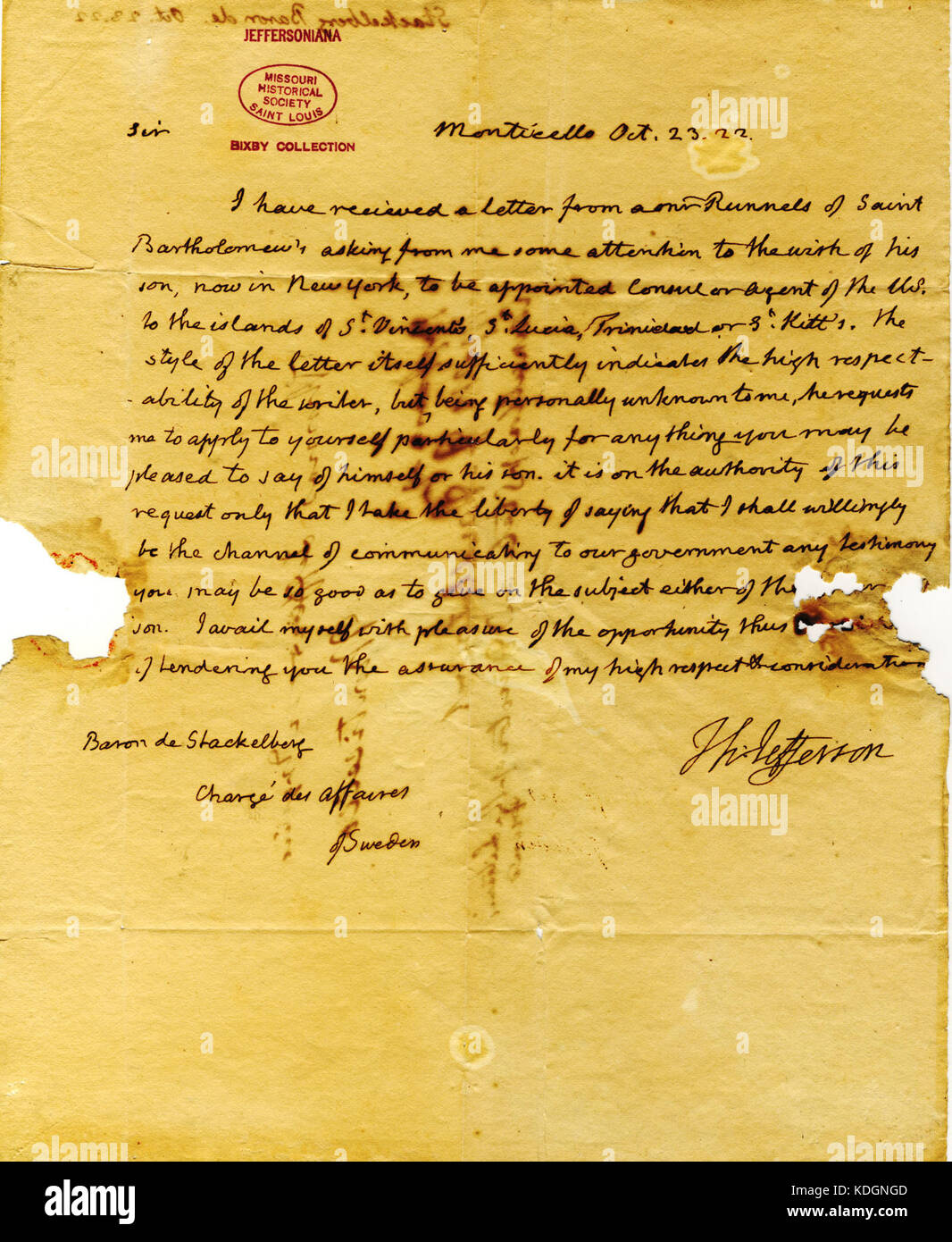 Letter signed Thomas Jefferson, Monticello, to Baron de Stackelberg, charge des affairs of Sweden, October 23, 1822 Stock Photo
