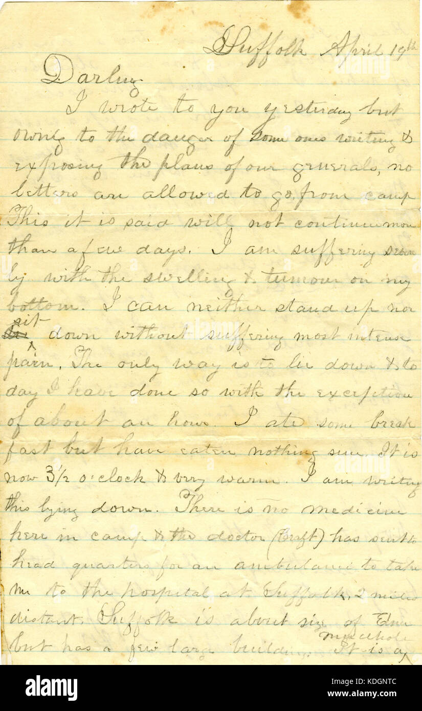 Letter of (William S. Moffat), Suffolk, to Matilda B. Moffat, Dryden, Tompkins Co., N.Y., April 19, (1863) Stock Photo