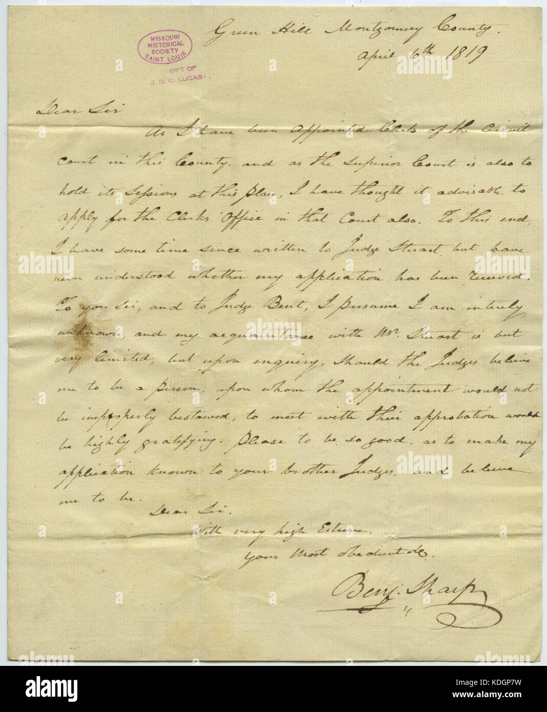 Letter signed Benj. Sharp (Benjamin Sharp), Green Hill, Montgomery County, to Honourable John B.C. Lucas, St. Louis, April 6, 1819 Stock Photo
