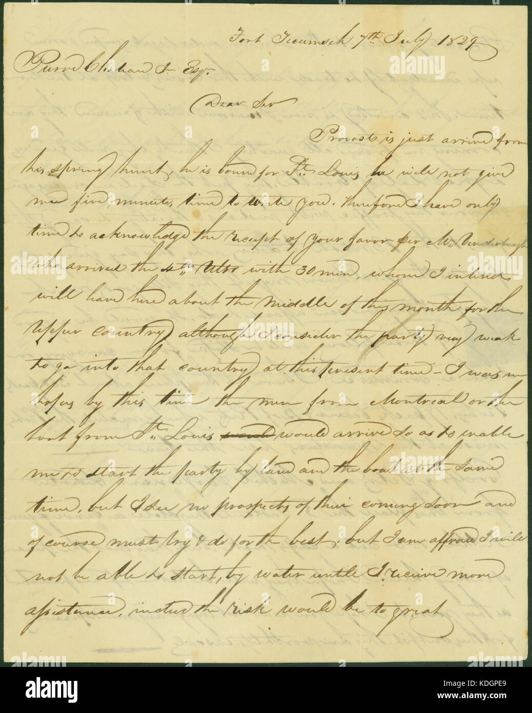 Letter signed K. McKenzie (Kenneth MacKenzie), Fort Tecumseh, to Pierre Chouteau, Jr., St. Louis, July 7, 1829 Stock Photo