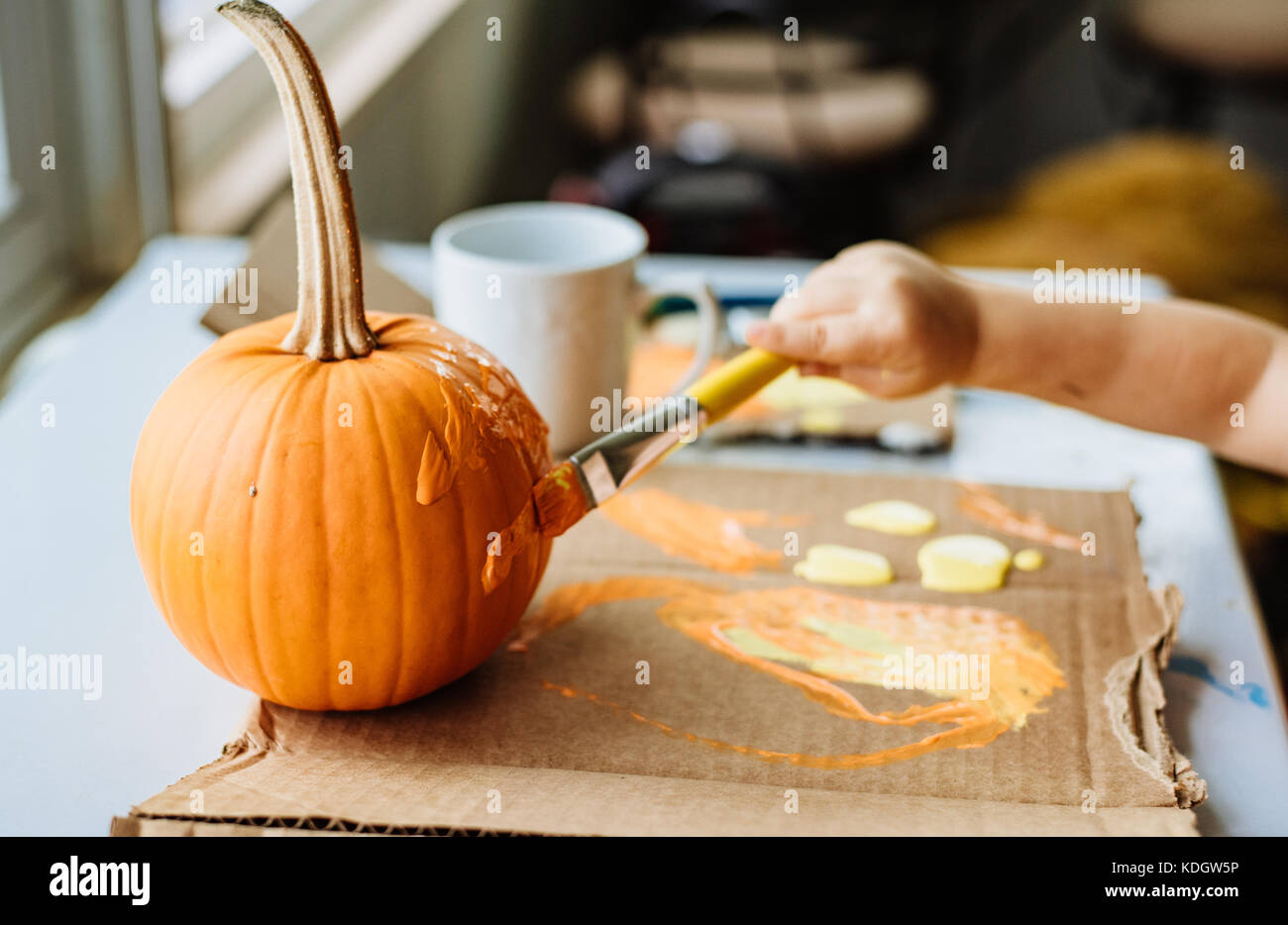 A little girl paints pumpkins during autumn activities. Stock Photo