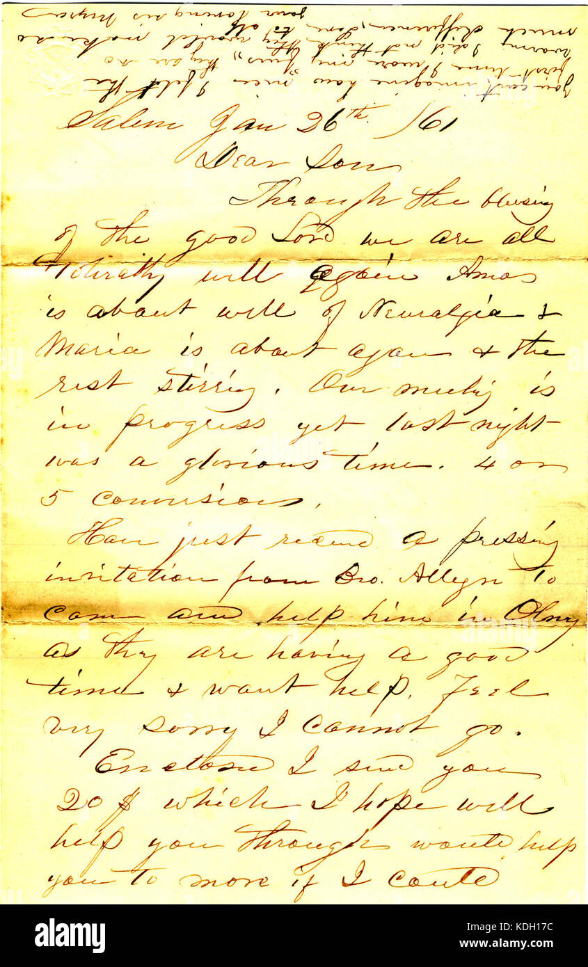 Letter signed N. Hawley, Salem, Illinois, to son, January 26, 1861 Stock Photo