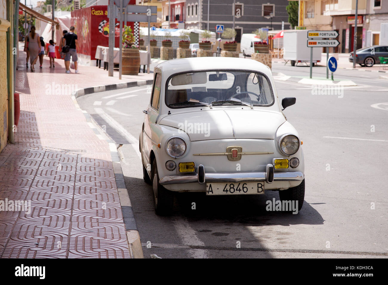 A Fiat 500 car on the streets of Pinoso in Alicante Province, Spain
