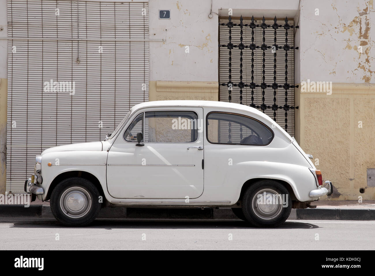 A Fiat 500 car on the streets of Pinoso in Alicante Province, Spain
