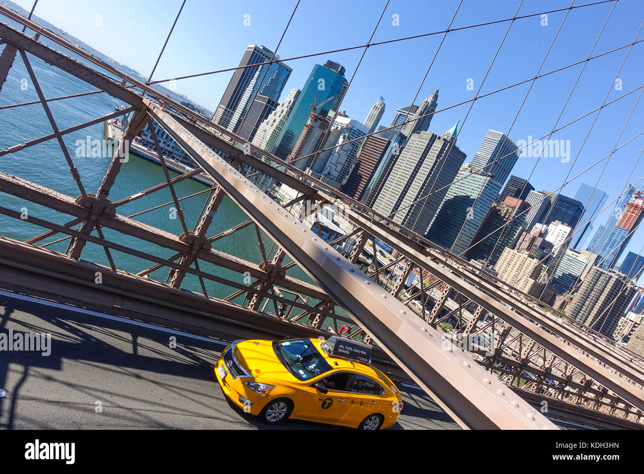 Brooklyn bridge, roadway with yellow cab New york, Manhattan, United states. USA. Stock Photo