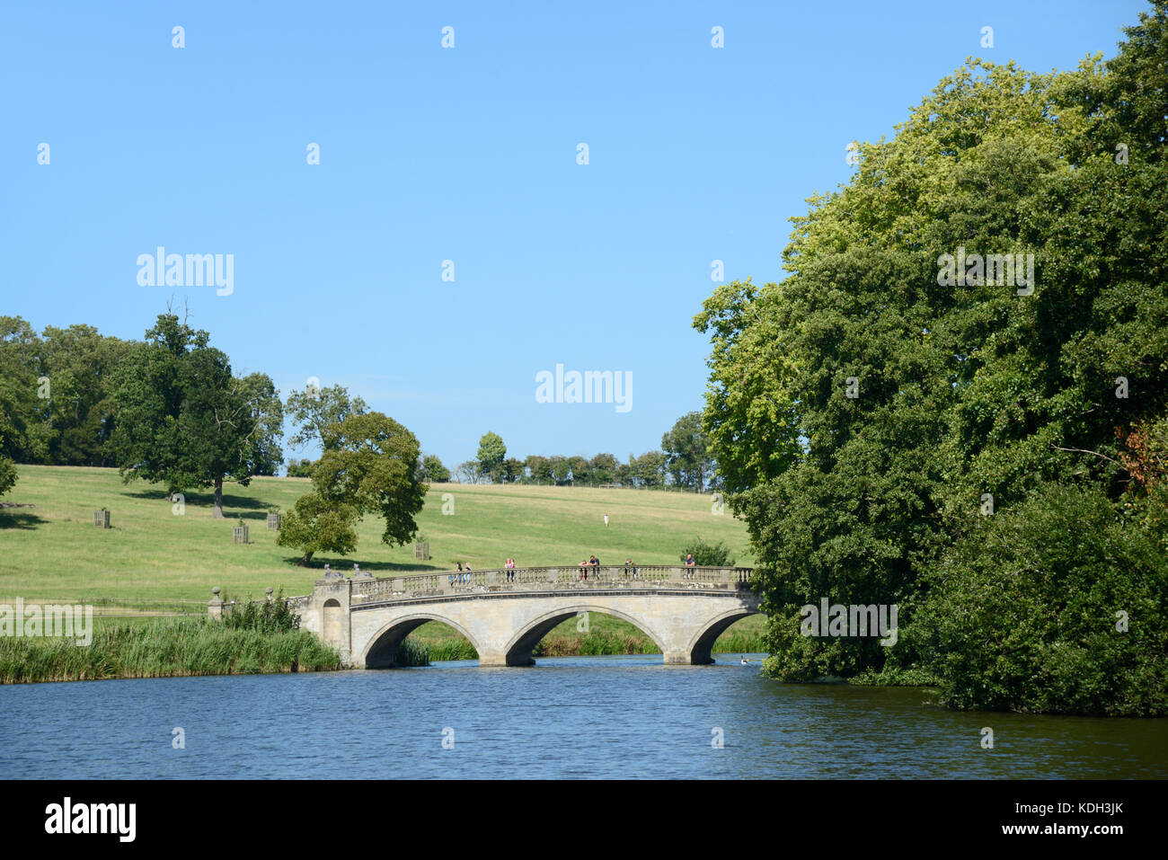 Bridge, Lake & Parkland Designed by Capability Brown at Compton Verney House, Kineton, Warwickshire, England Stock Photo