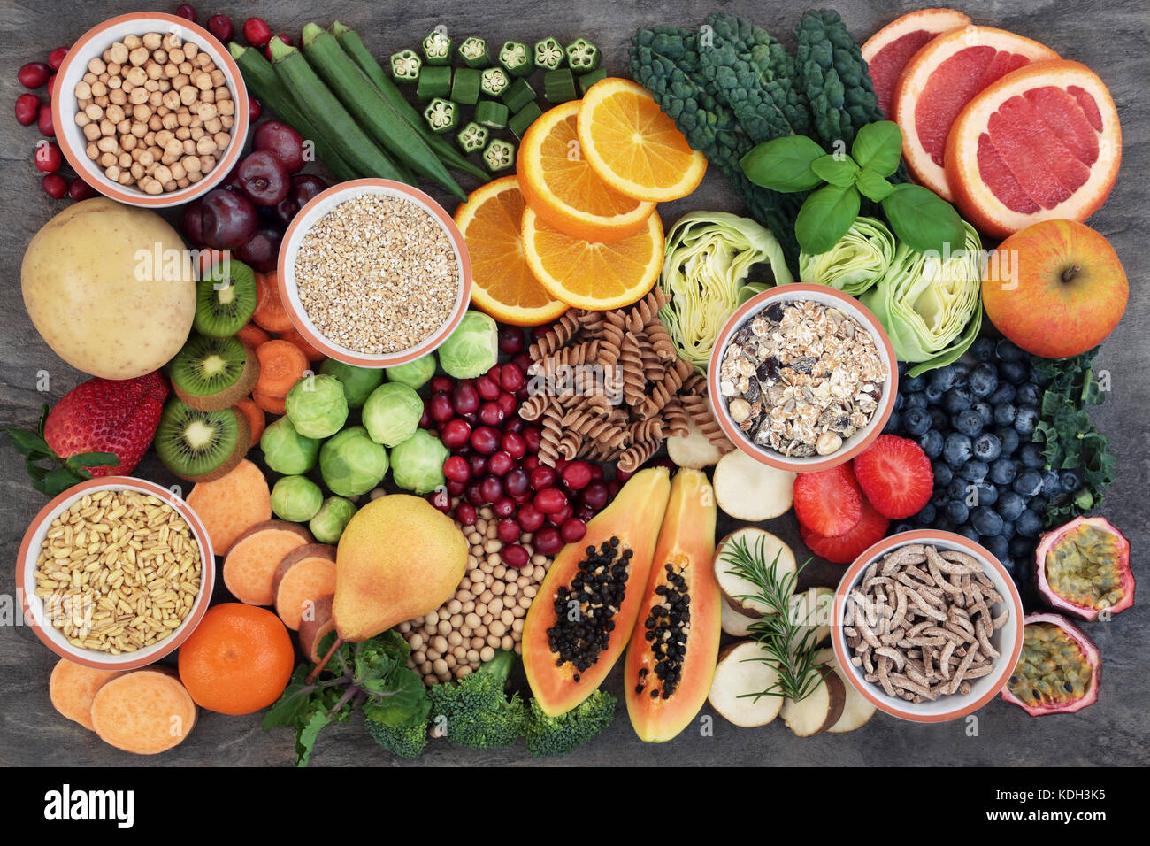 Health food concept for a high fibre diet with fruit, vegetables Stock