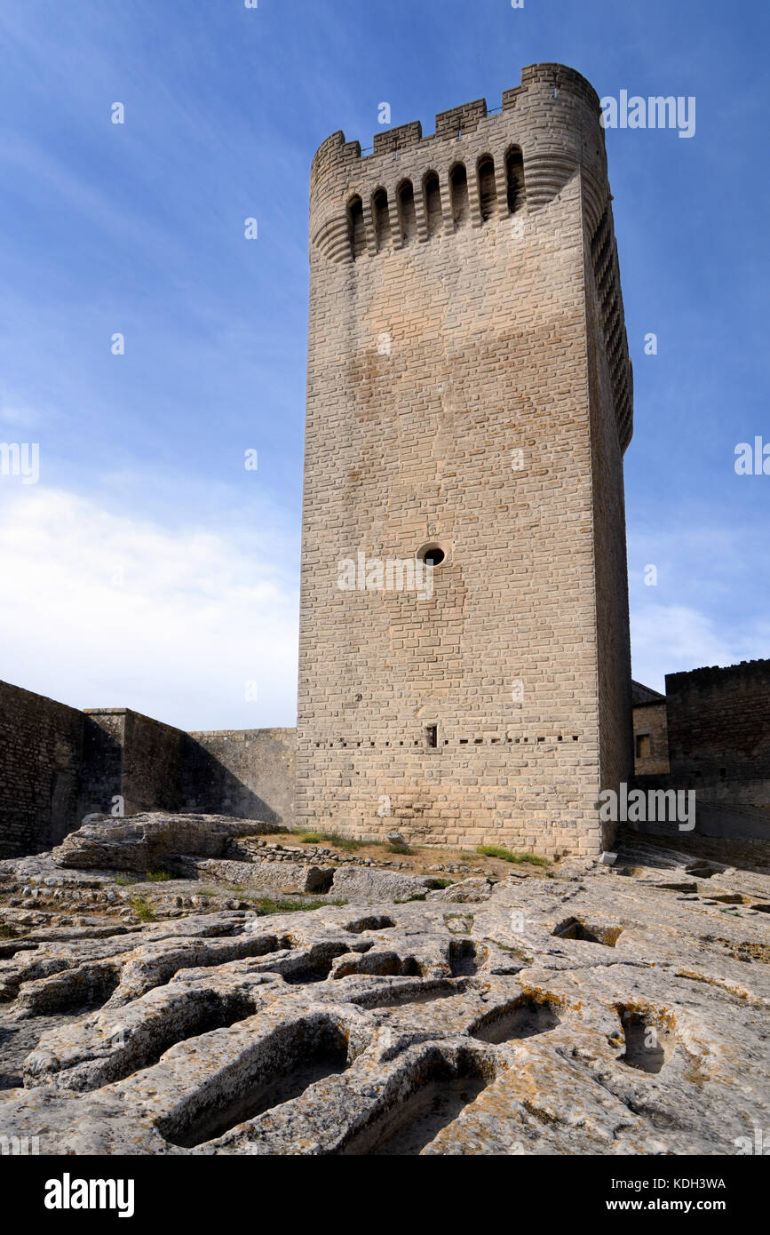 Medieval Tower of Abbot Pons de l'Orme (c14th) and Stone-Cut Tombs or Cemetery, Montmajour Abbey, near Arles, Provence France Stock Photo