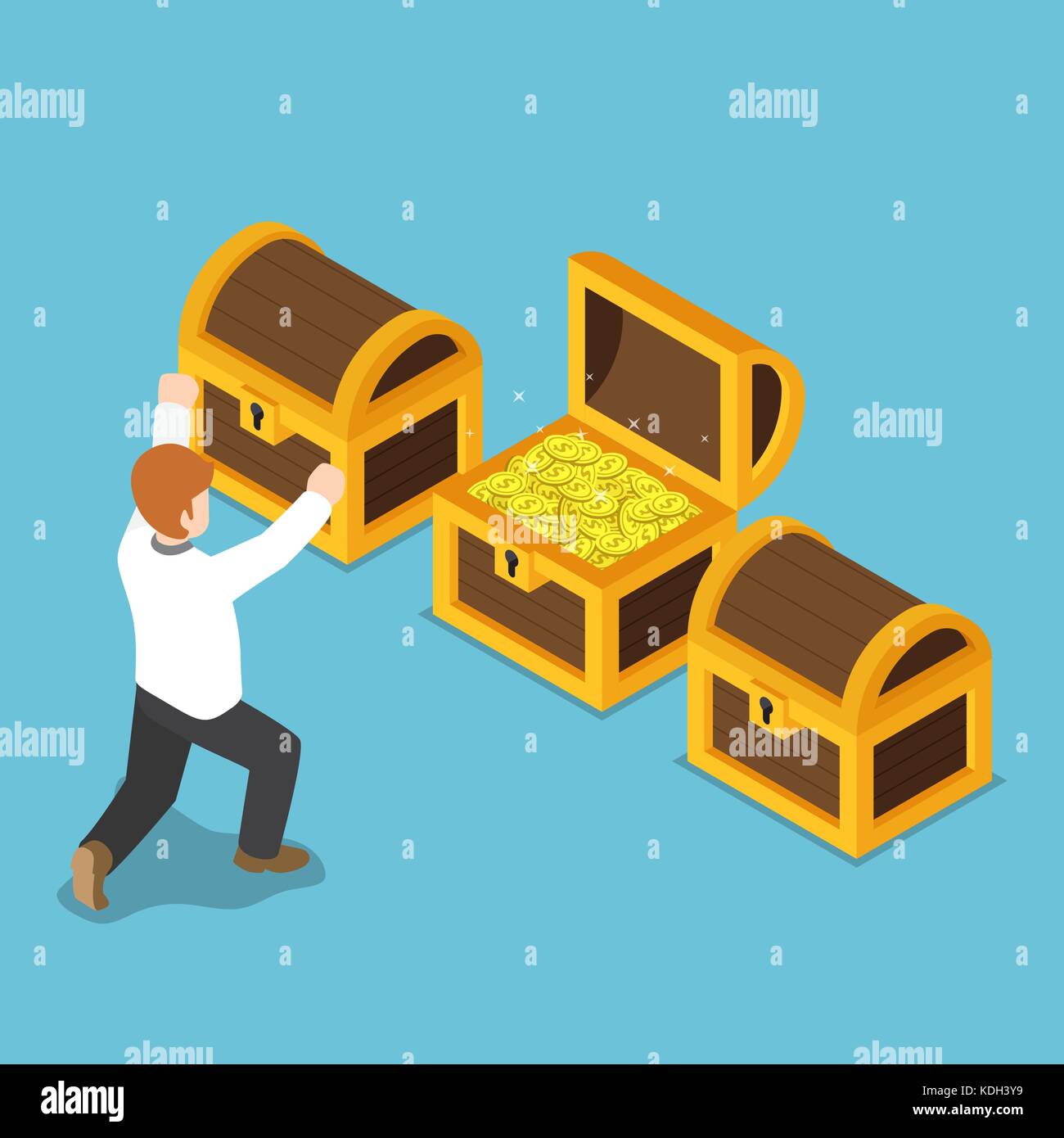 Flat 3d isometric happy businessman with opened treasure chest. Wealth ...