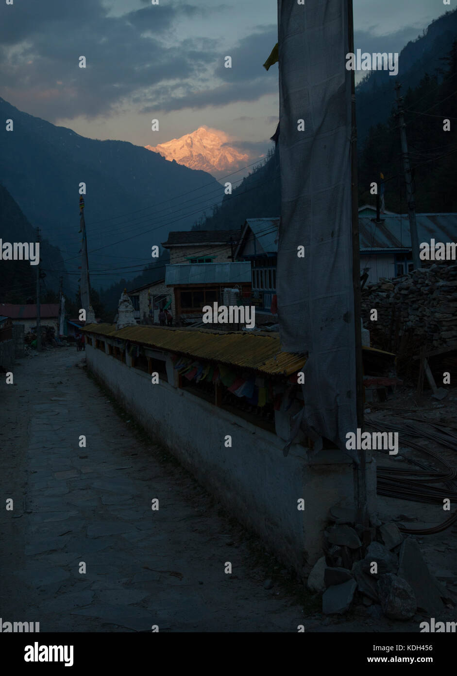 Chame village and Manaslu, Annapurna circuit, Marsyangdi Valley, Nepal. Stock Photo