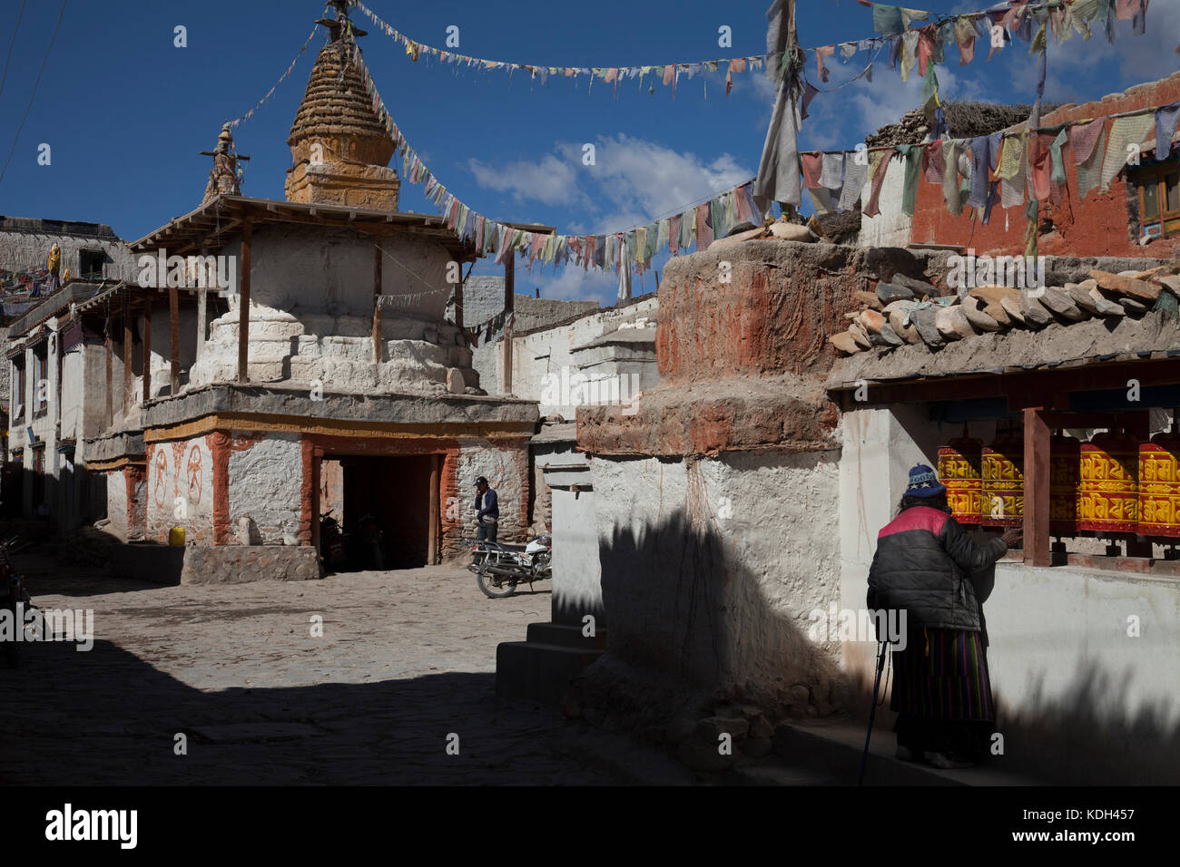 Spinning prayer wheels in Lo Manthang, Mustang, Nepal. Stock Photo