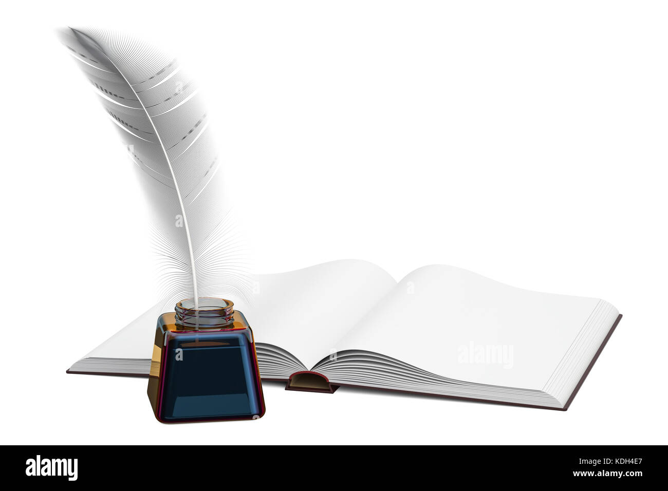 Blank book with feather and ink bottle, 3D rendering isolated on white ...