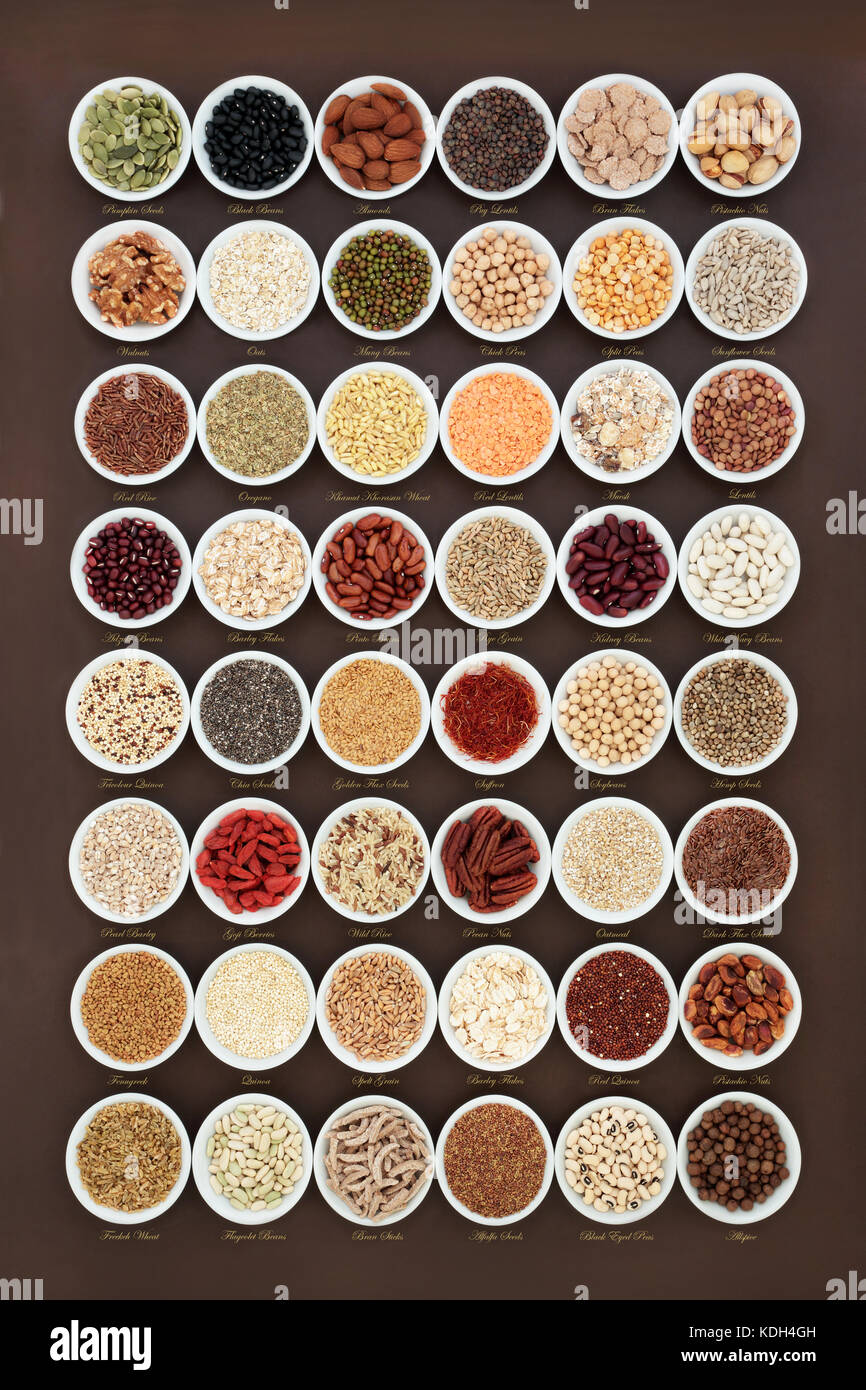 High fiber health food sampler with cereals, nuts, seeds, grain, fruit