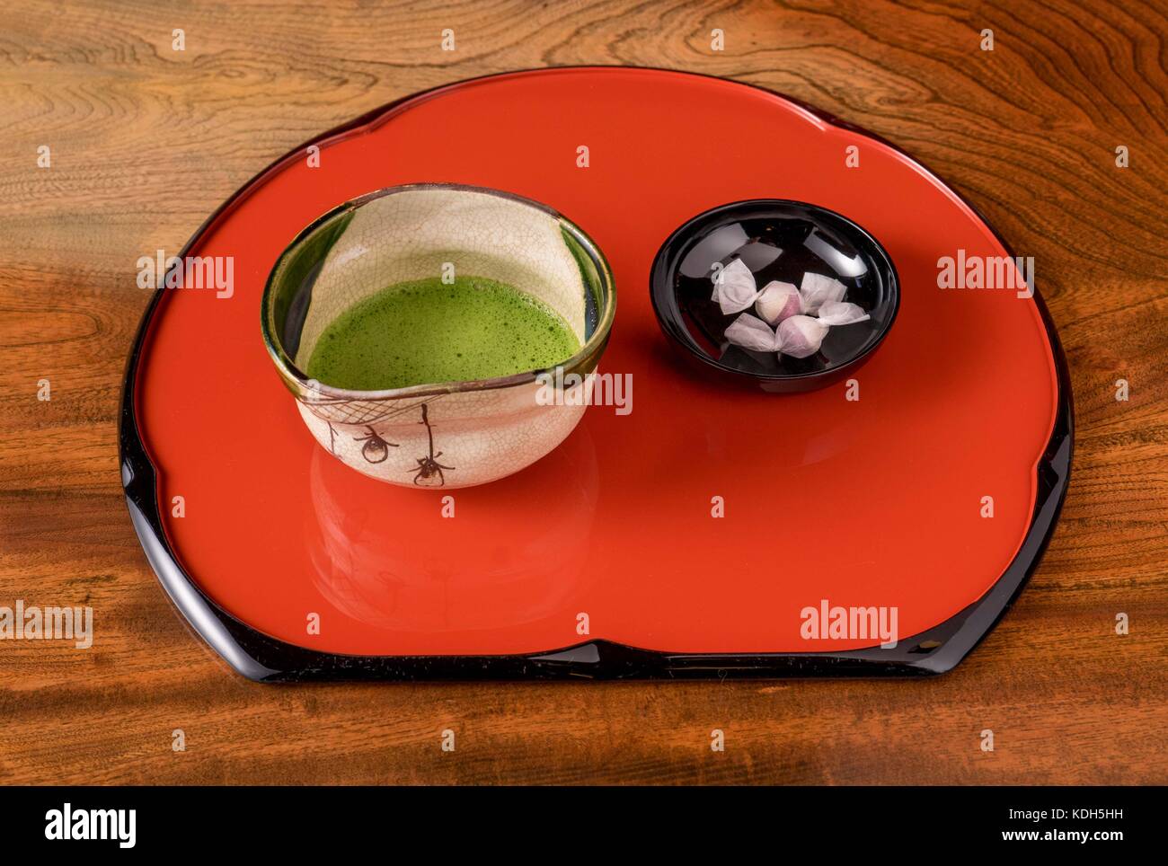 Japanese traditional green tea served with wagashi confectionery treats