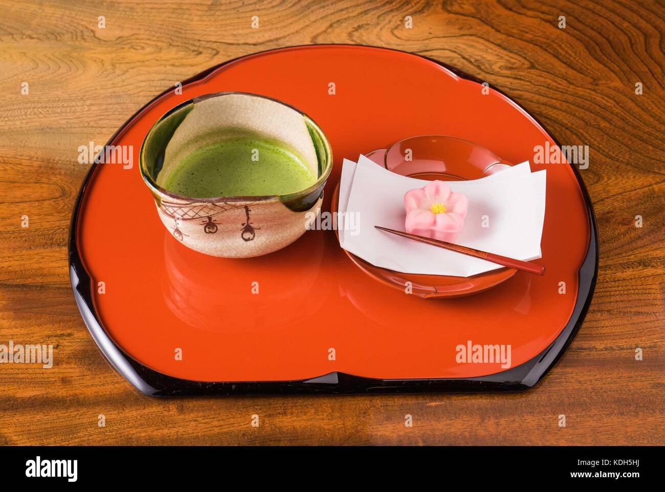 Japanese traditional green tea served with wagashi confectionery treats