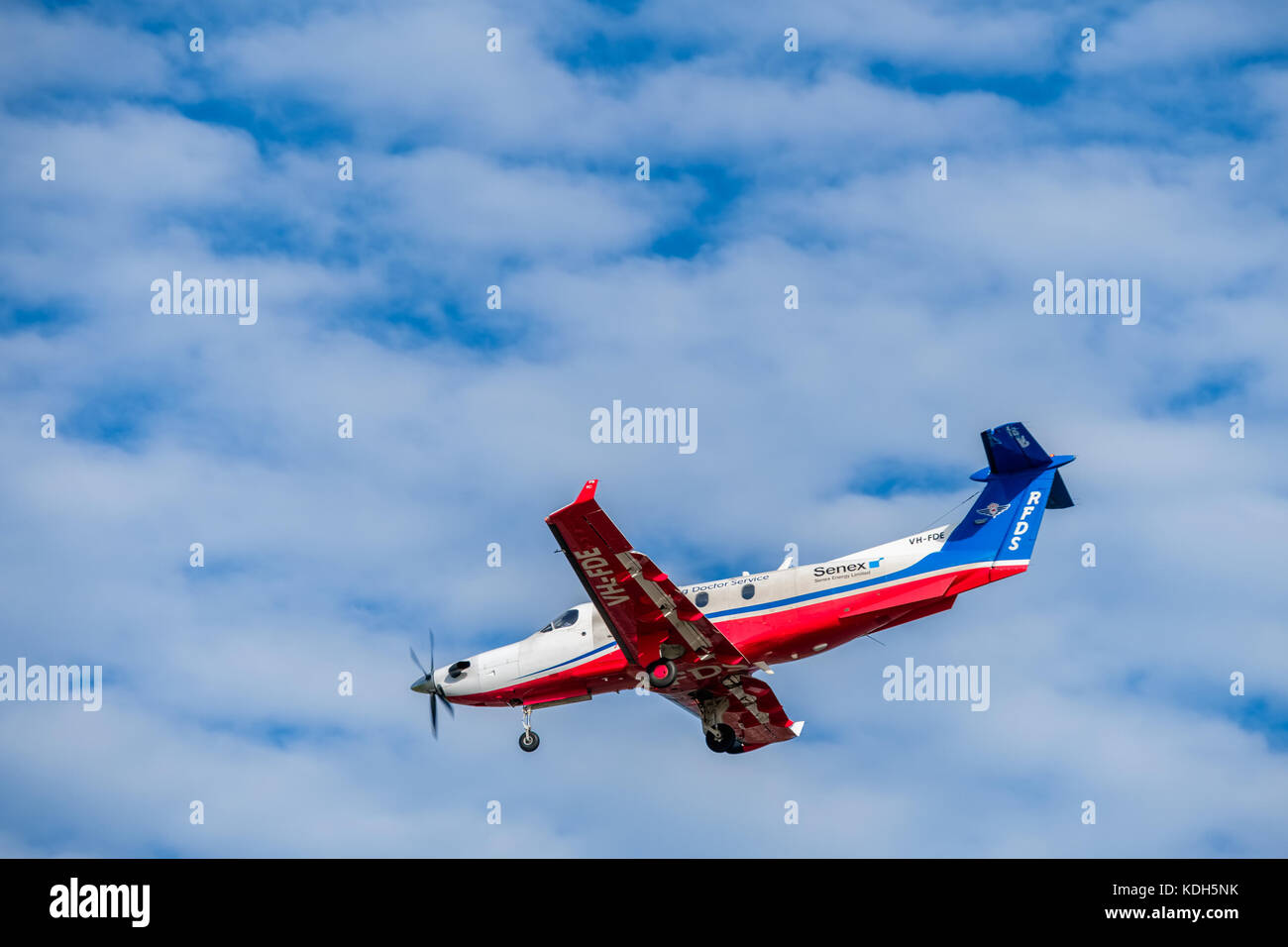 Adelaide, Australia - October 1, 2016: Pilatus PC-12 of Royal Flying Doctor Service aircraft, RFDS Central Operations with registration number VH-FDE  Stock Photo
