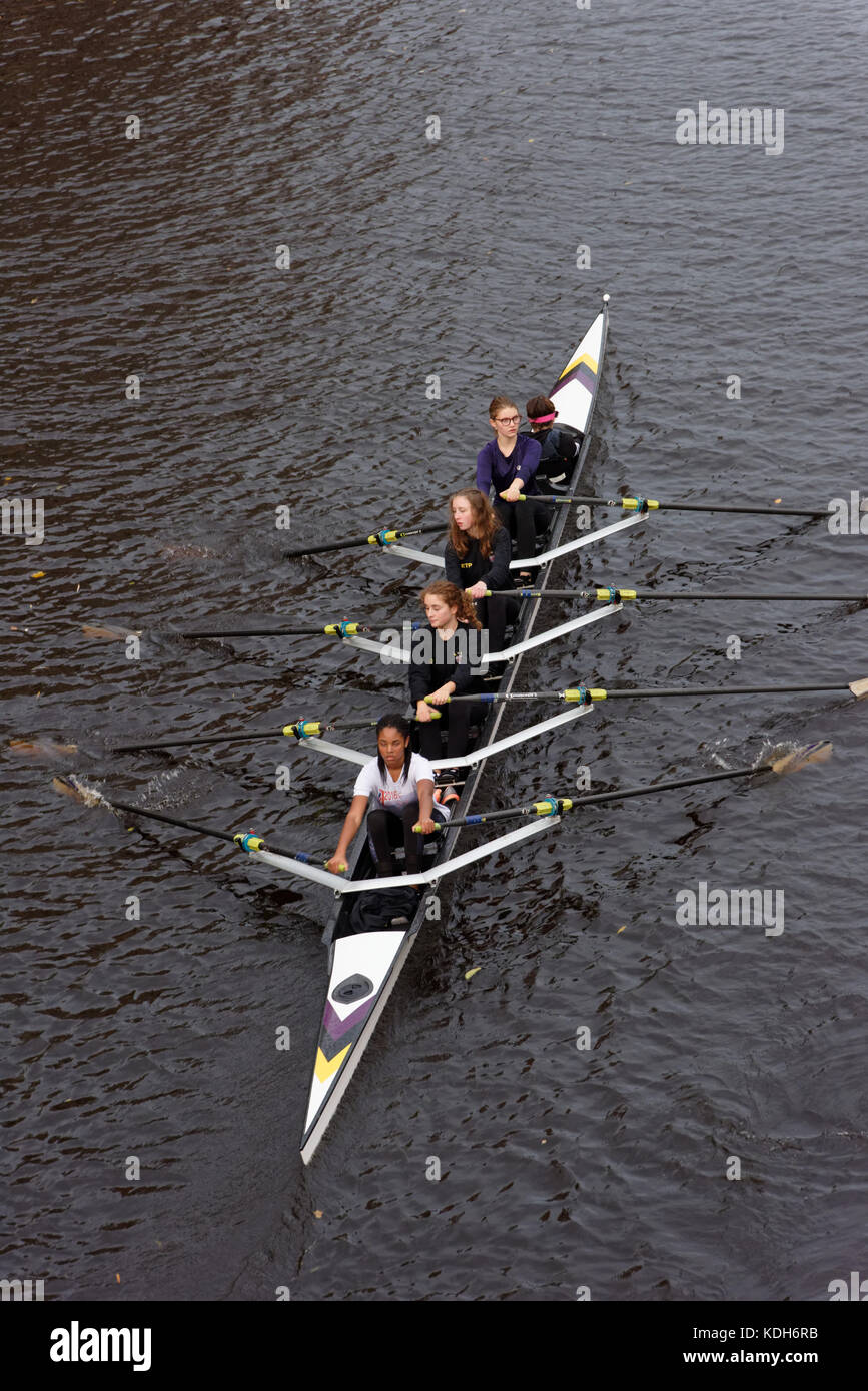 row rowers rowing boat boats river team teamwork Stock Photo