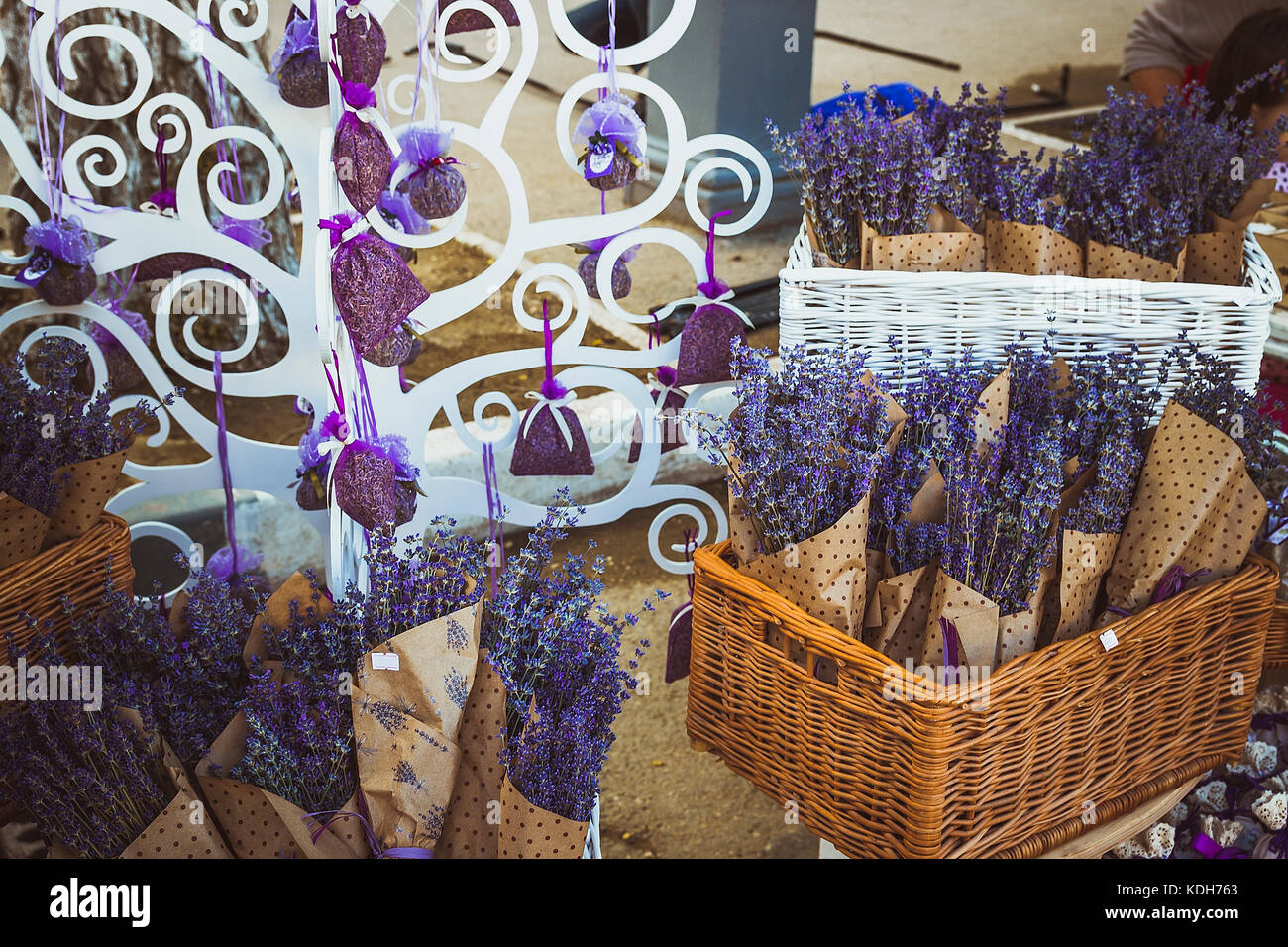 knitted dry lavender in a basket on the counter Stock Photo