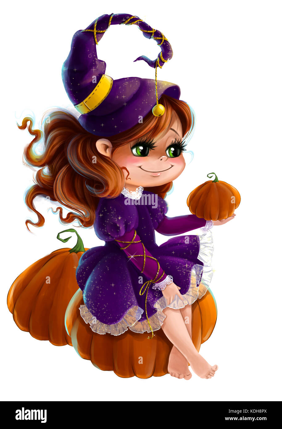 Cute little girl in Halloween witch costume with pumpkin clip art cartoon style transparent background Stock Photo