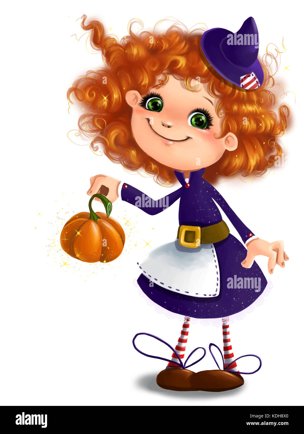 Cute little girl in Halloween witch costume with pumpkin clip art cartoon style transparent background Stock Photo
