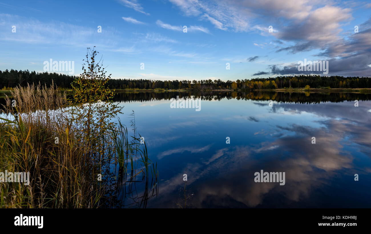 autumn colored trees on the shore of lake with reflections in water ...