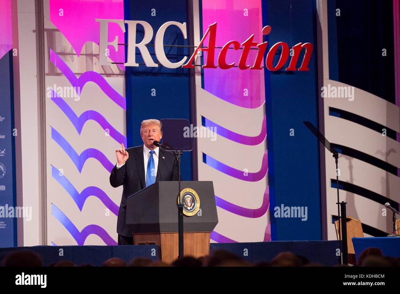 U.S. President Donald Trump addresses the Values Voter Summit annual gathering of Christian leaders October 13, 2017 in Washington, D.C. Trump is the first sitting president to attend the event hosted by the Family Research Council, a group that has been labeled a hate group by the Southern Poverty Law Center. Stock Photo