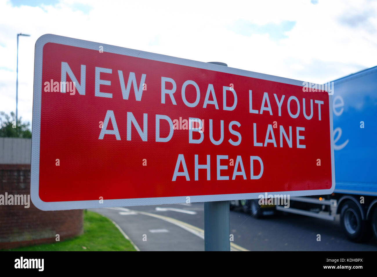 New road Layout and bus lane sign Stock Photo