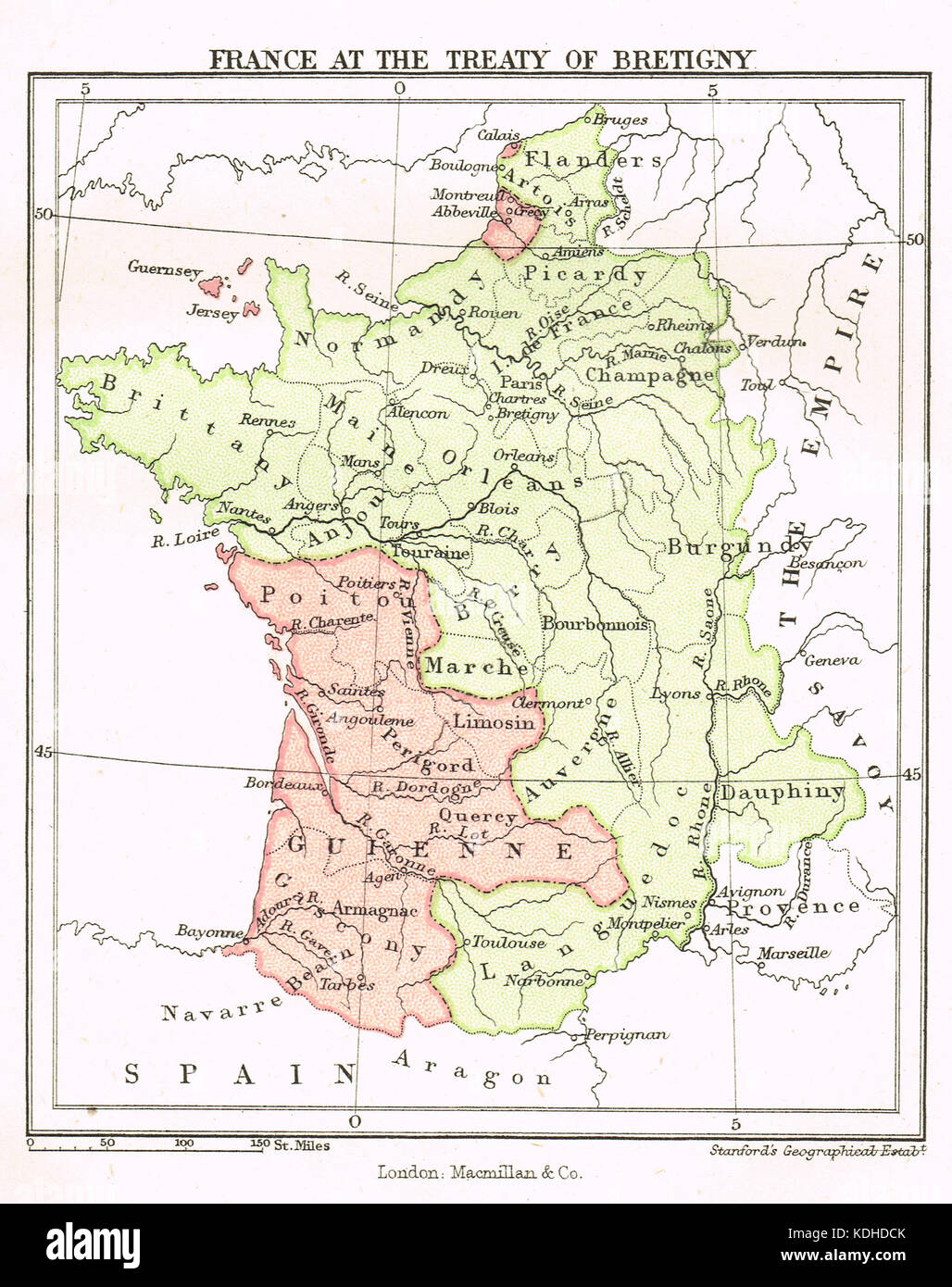 Map of France after the treaty of Bretigny, 8 May 1360 Stock Photo