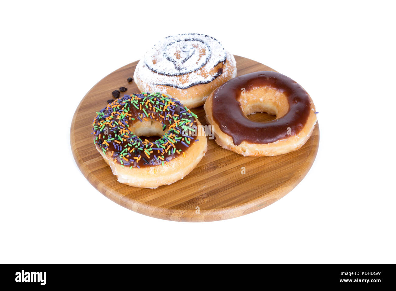 Close up detailed view of yummy donuts with chocolate, powdered sugar ...
