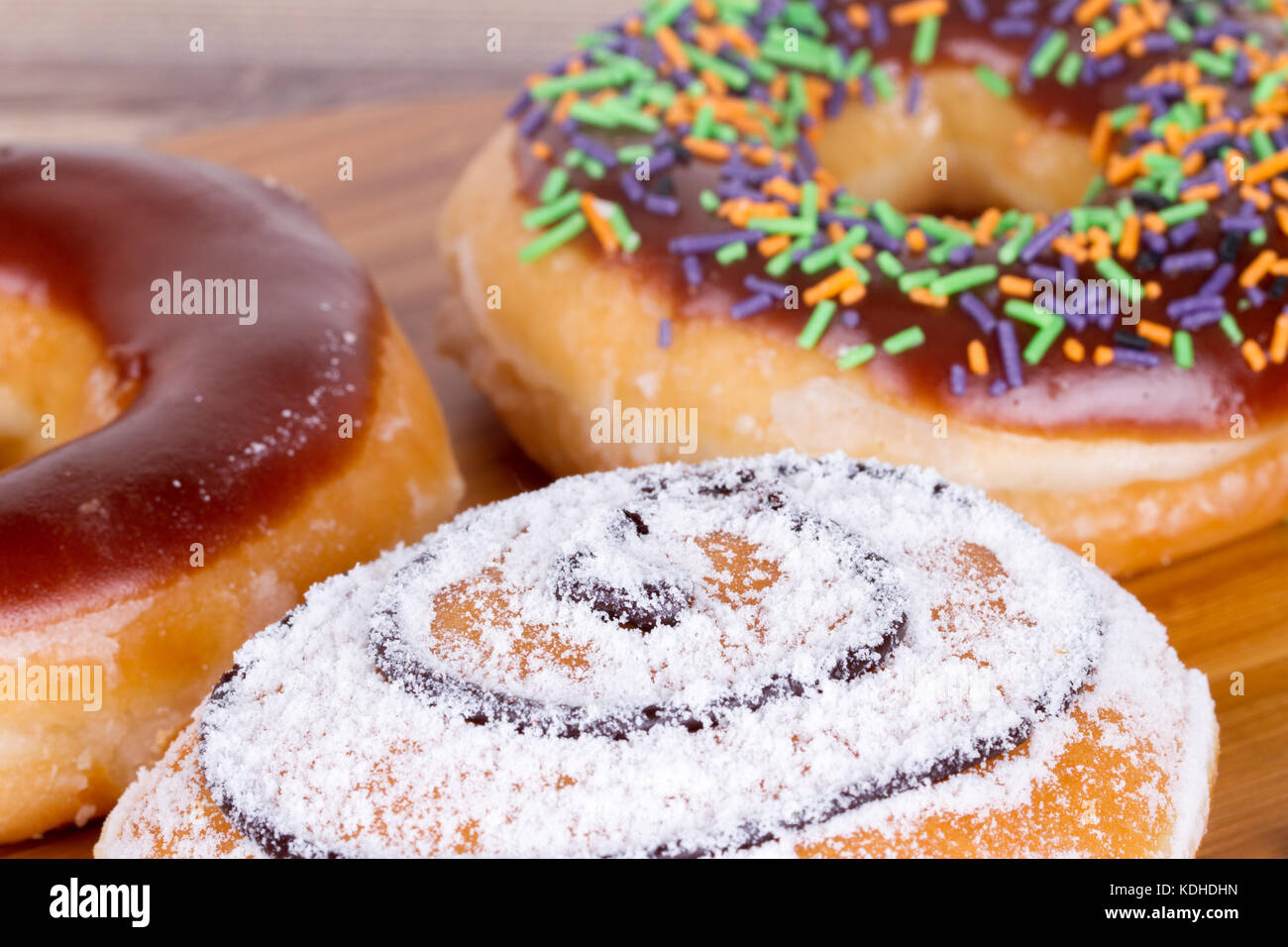 Close up detailed view of yummy donut with powdered sugar on Stock ...