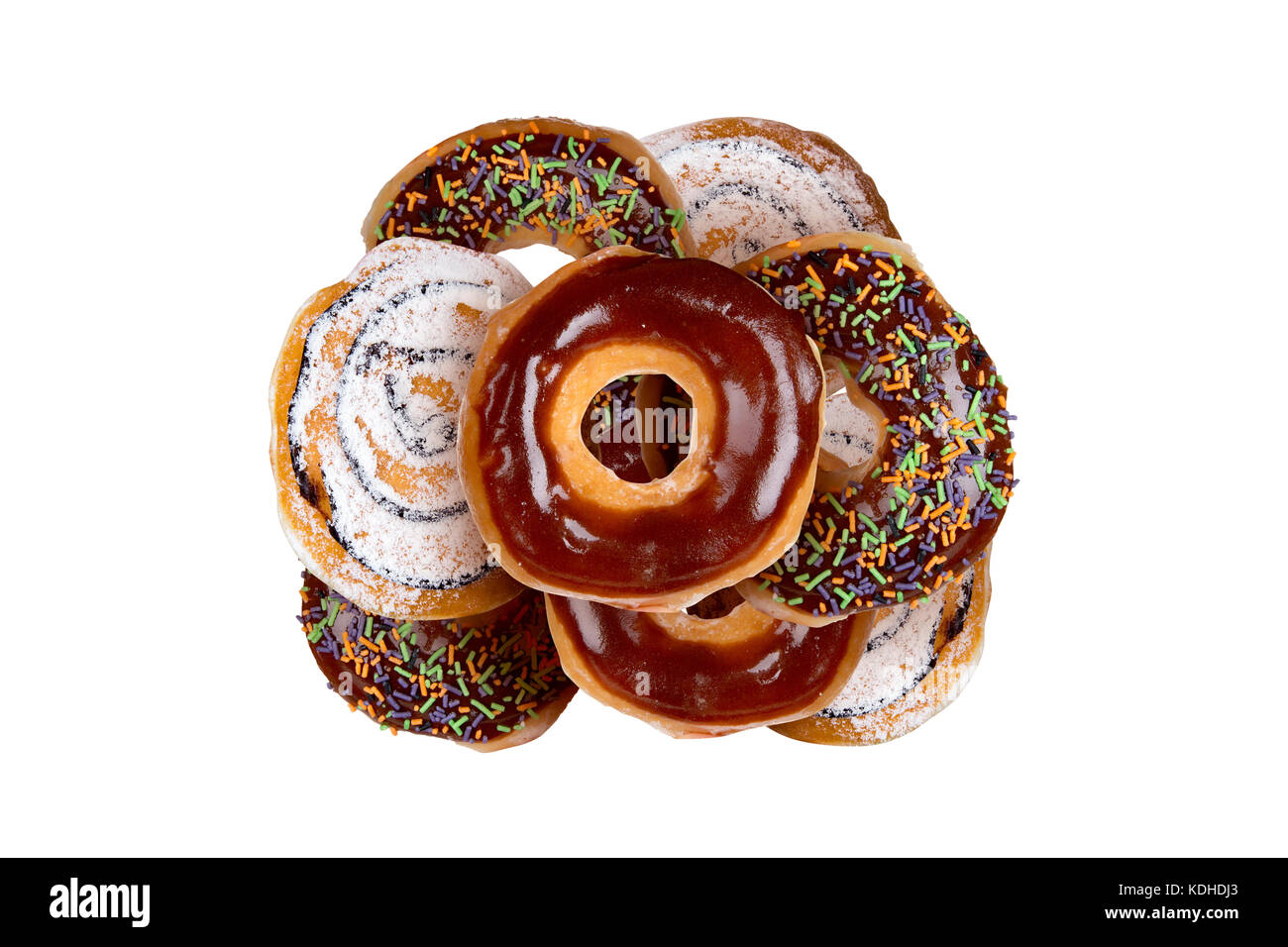 Close up detailed view of yummy donuts with chocolate, powdered sugar ...