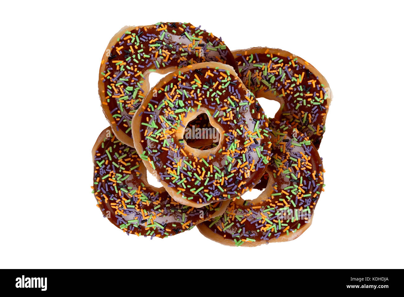 Close up detailed view of yummy donuts with chocolate, powdered sugar ...