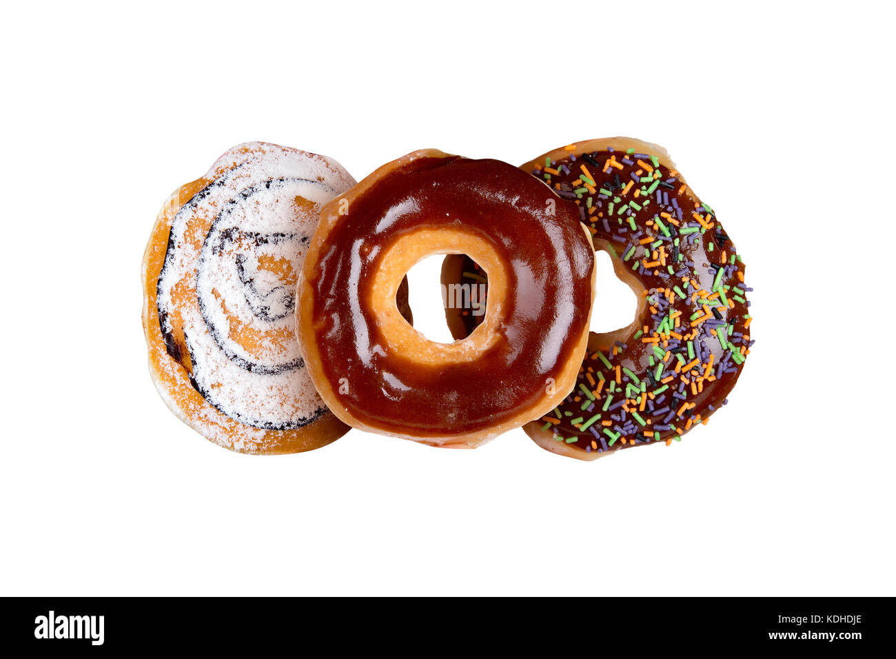 Close up detailed view of yummy donuts with chocolate, powdered sugar ...