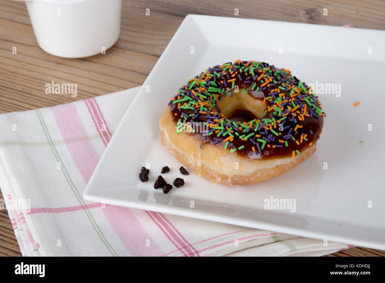 Close up detailed view of yummy donuts with chocolate, powdered sugar ...