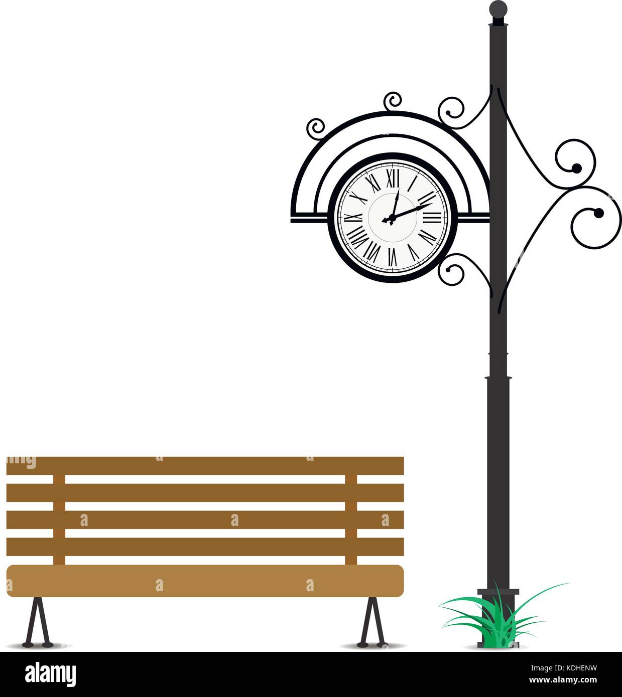 Retro clock and wooden bench. Vintage clock on pole and bench elegance for seat in park. Vector illustration Stock Vector