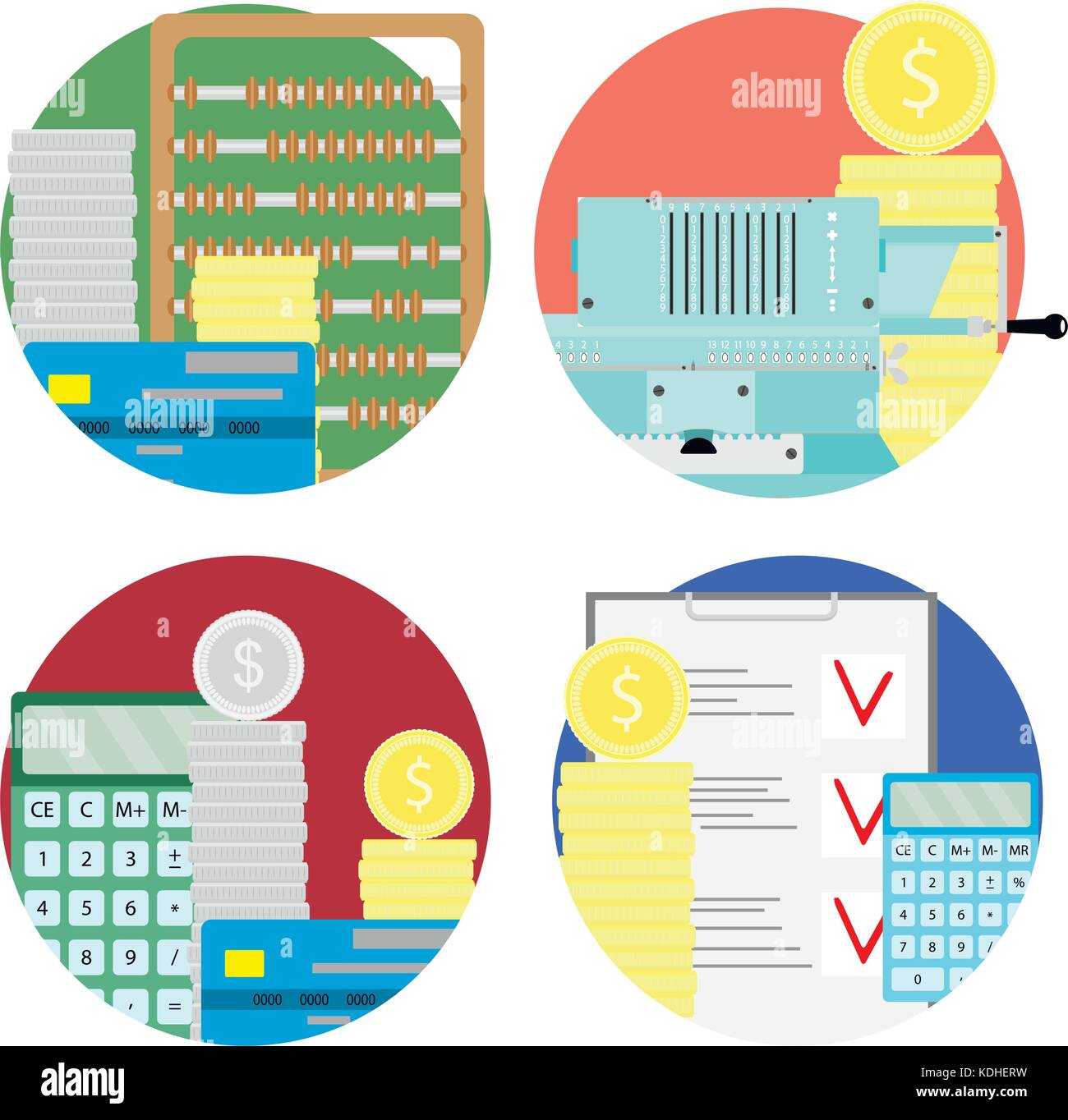 Financial audit and money account set icons. Audit profit and budget, balance analysis and planning. Vector illustration Stock Vector