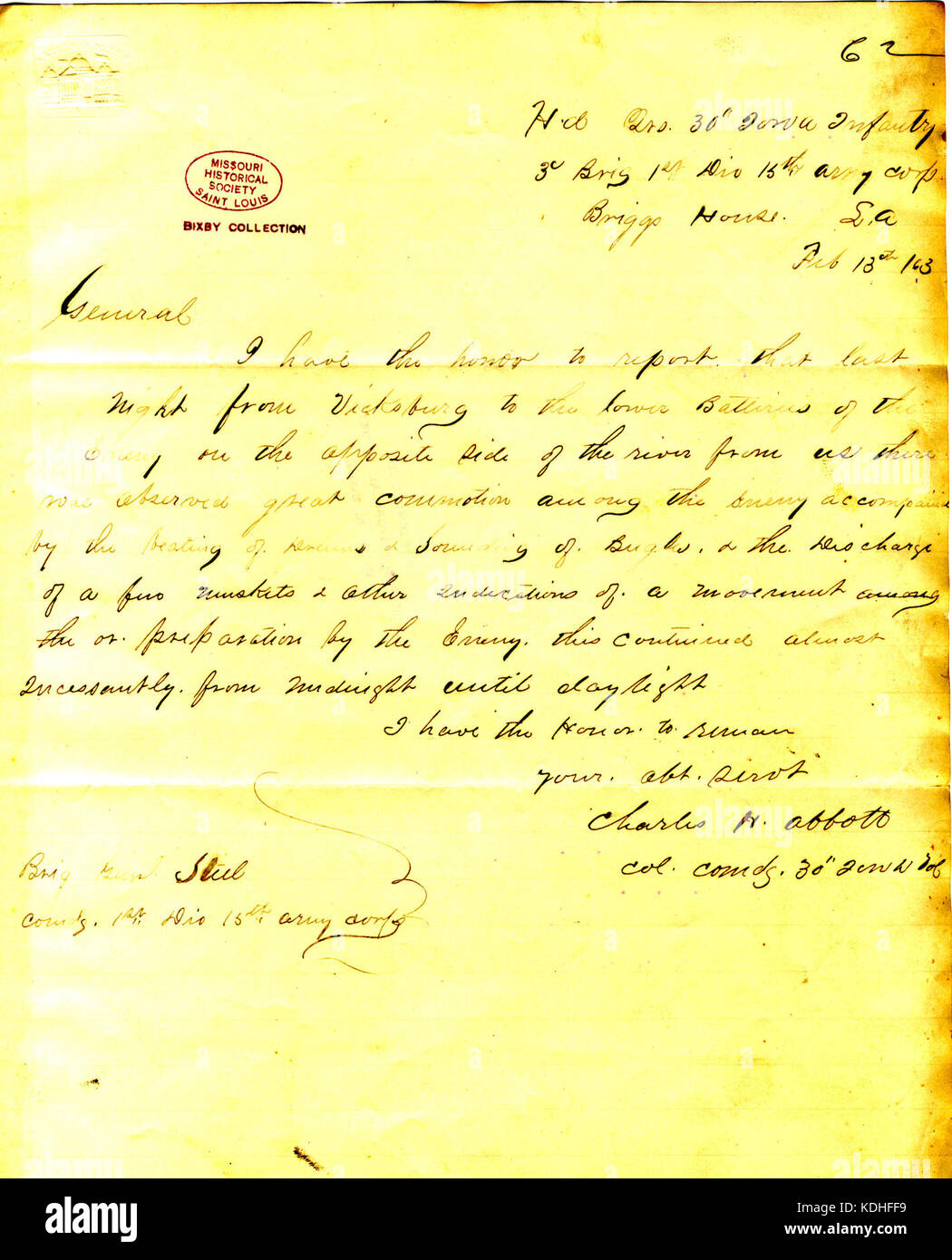 Letter from Charles H. Abbott, headquarters, 30th Iowa Infantry, 3rd Brigade, 1st Division, 15th Army Corps, Briggs House, Louisiana, to Brigadier General Steele, February 13, 1863 Stock Photo