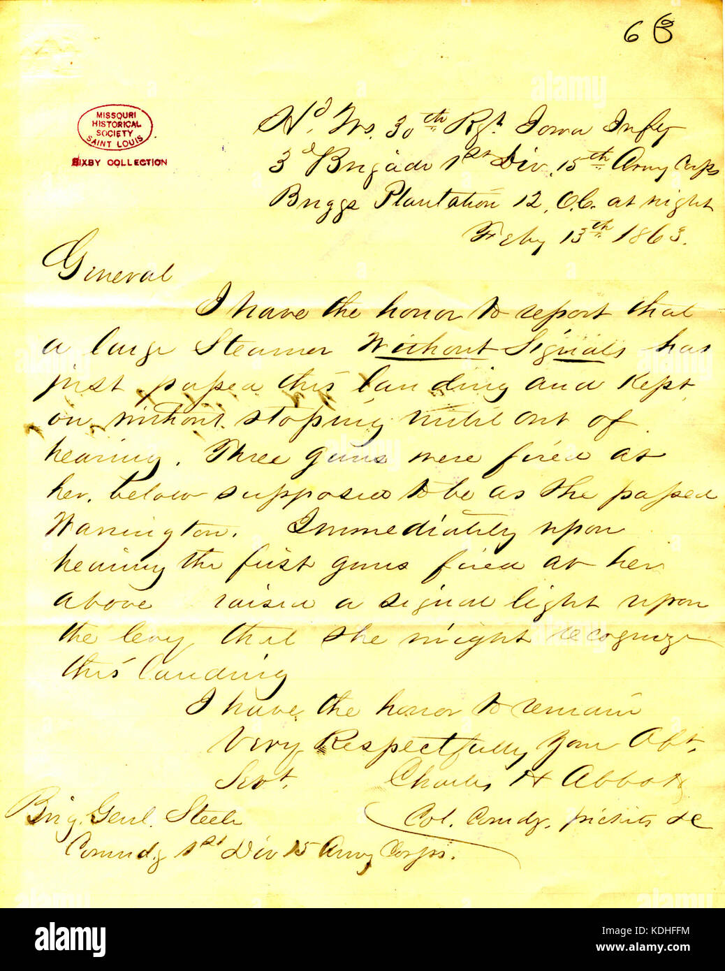 Letter from Charles H. Abbott, headquarters, 30th Iowa Infantry, 3rd Brigade, 1st Division, 15th Army Corps, Briggs Plantation, to Brigadier General Steele, February 13, 1863 Stock Photo