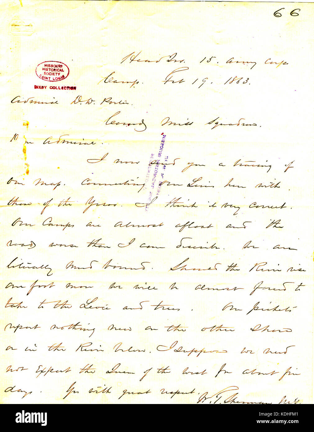 Letter from W. T. Sherman, headquarters, 15th Army Corps camp, to (David D.) Porter, February 19, 1863 Stock Photo