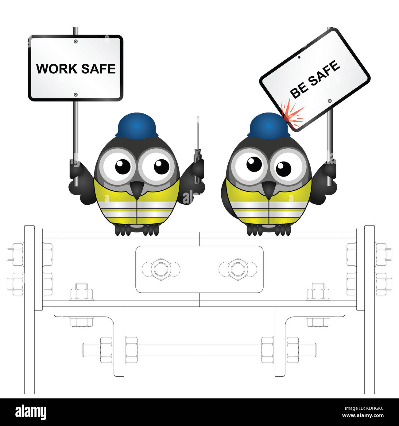 Comical construction workers with health and safety work safe be safe message perched on