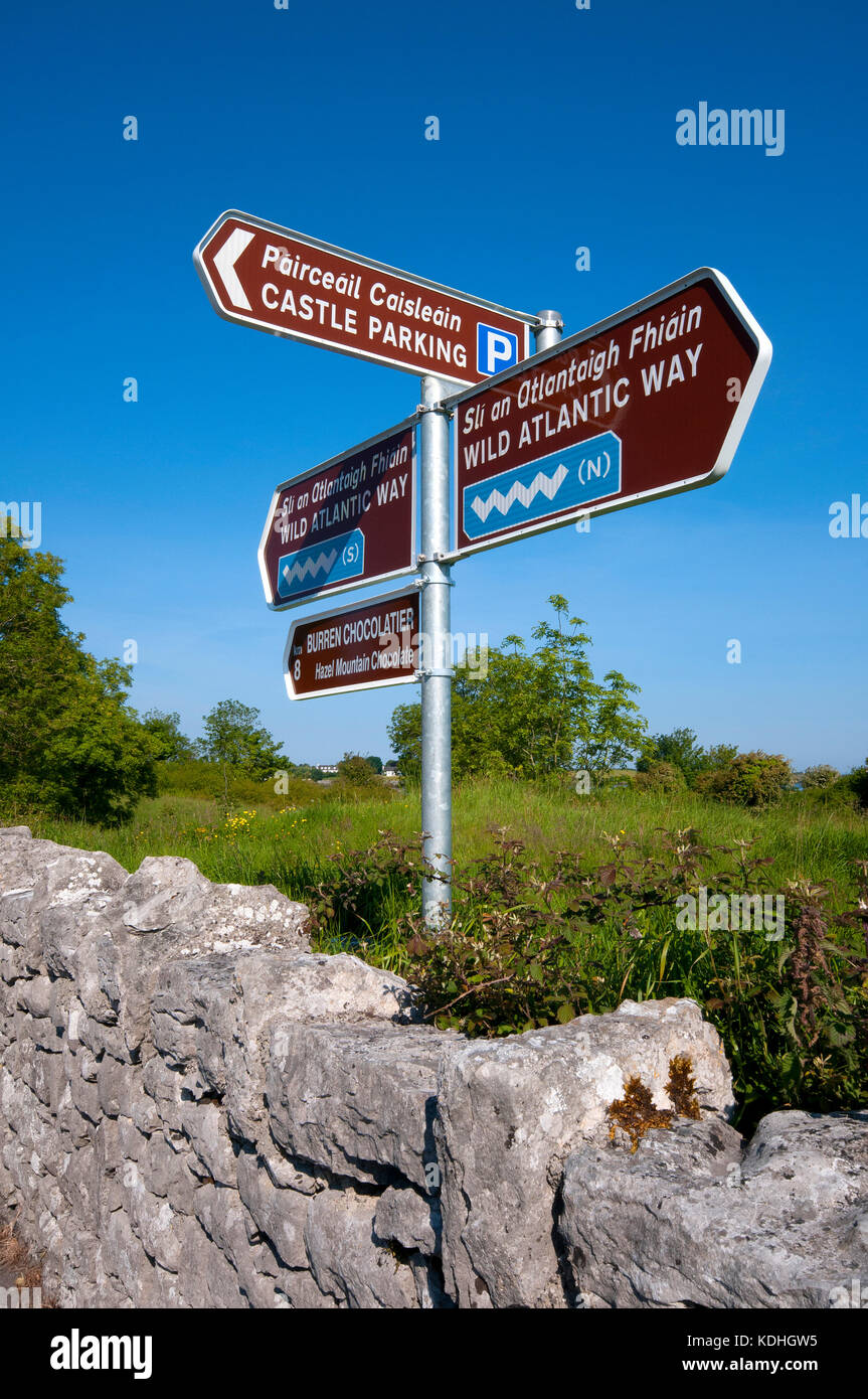 Road sign along the Wild Atlantic Way near Kinvarra, County Galway, Ireland Stock Photo